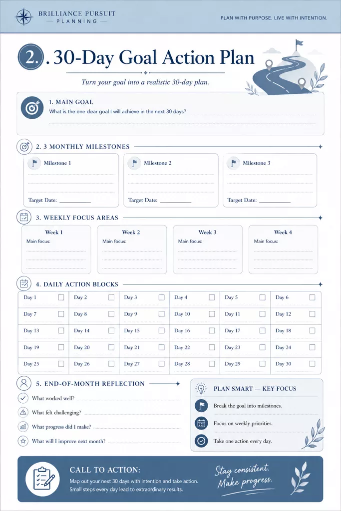 30 day goal action plan for goal setting process 30-day goal action plan worksheet with monthly milestones, weekly focus areas, and daily action blocks