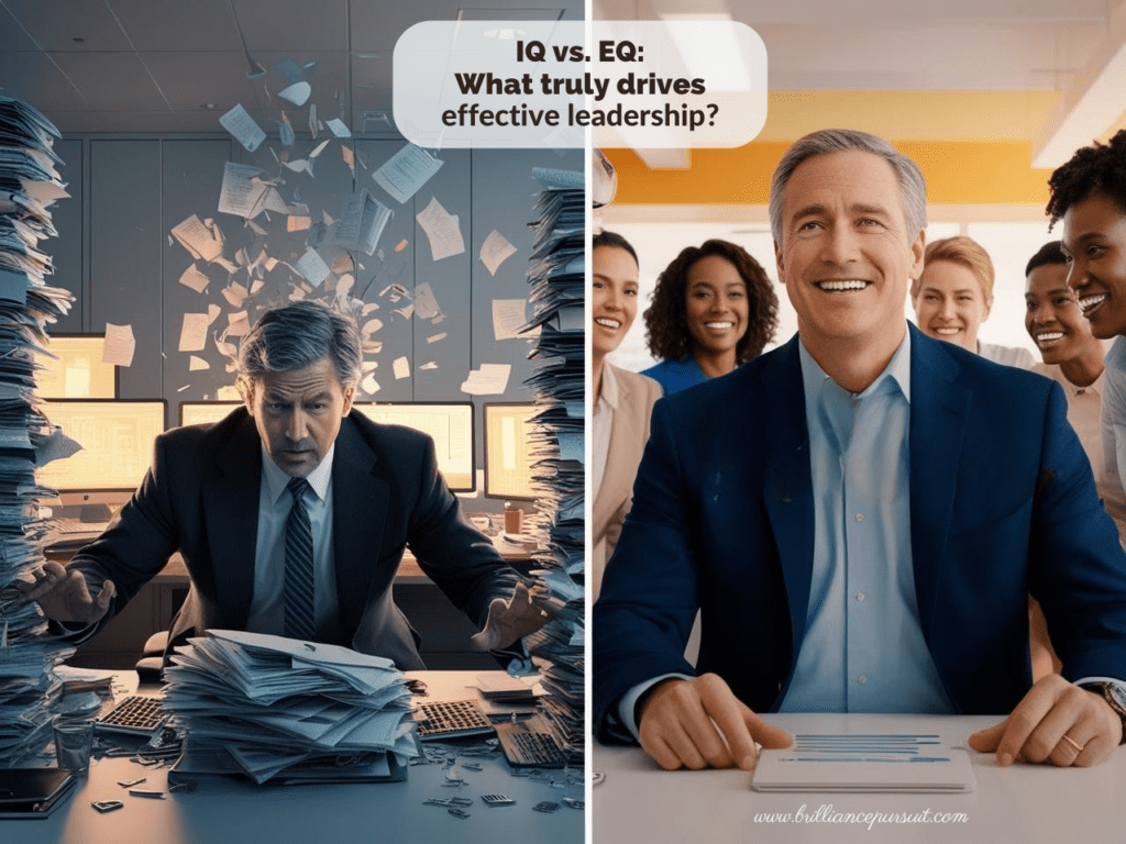 IQ vs EQ: The Emotional Intelligence Advantage in Leadership Split-screen showing a stressed leader analyzing data (IQ) beside an emotionally intelligent leader connecting with their team (EQ), comparing two styles of leadership.