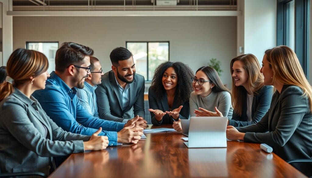 Workplace celebration with colleagues applauding achievements, highlighting recognition and trust.