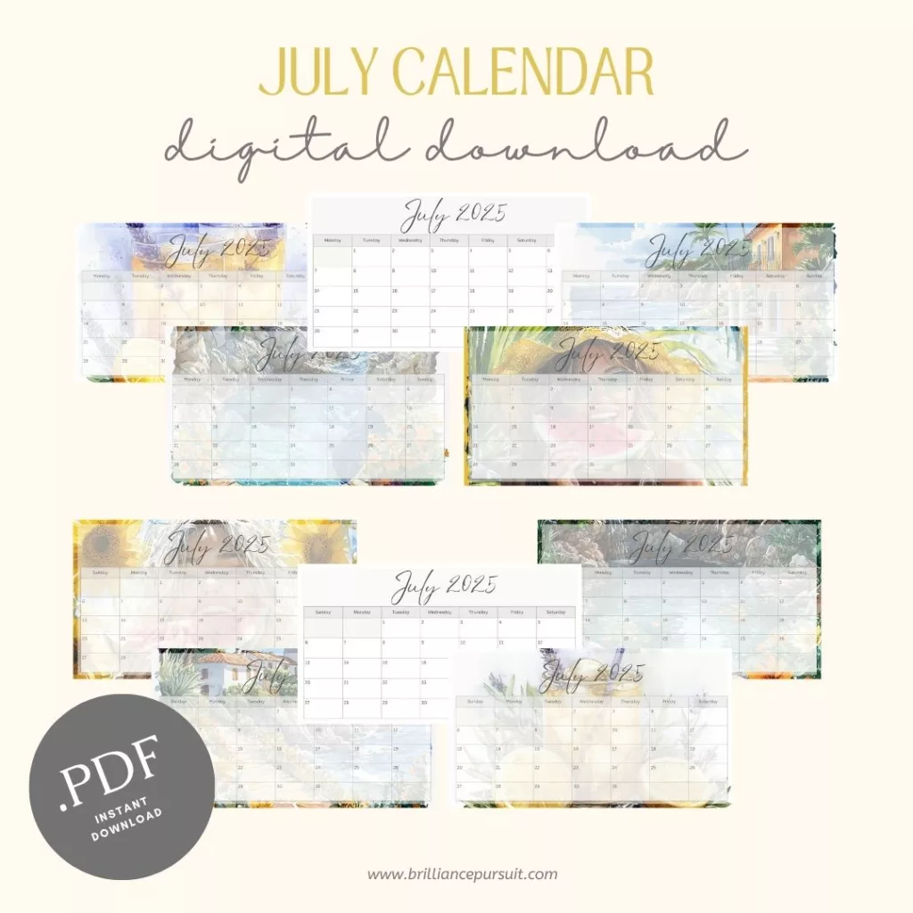 Printable July Calendar 2025 Pages Monday and Sunday Start