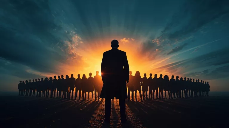 Business leader with a team standing together on a ridge at sunrise, symbolizing elite military leadership lessons, trust, and resilience.