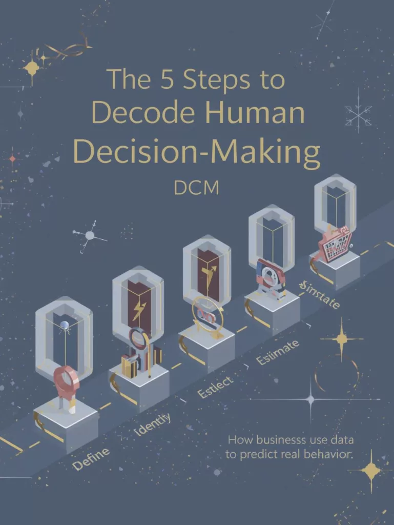 Five steps of discrete choice modeling process — defining, identifying, collecting, estimating, and simulating choices. Five steps of discrete choice modeling process — defining, identifying, collecting, estimating, and simulating choices.