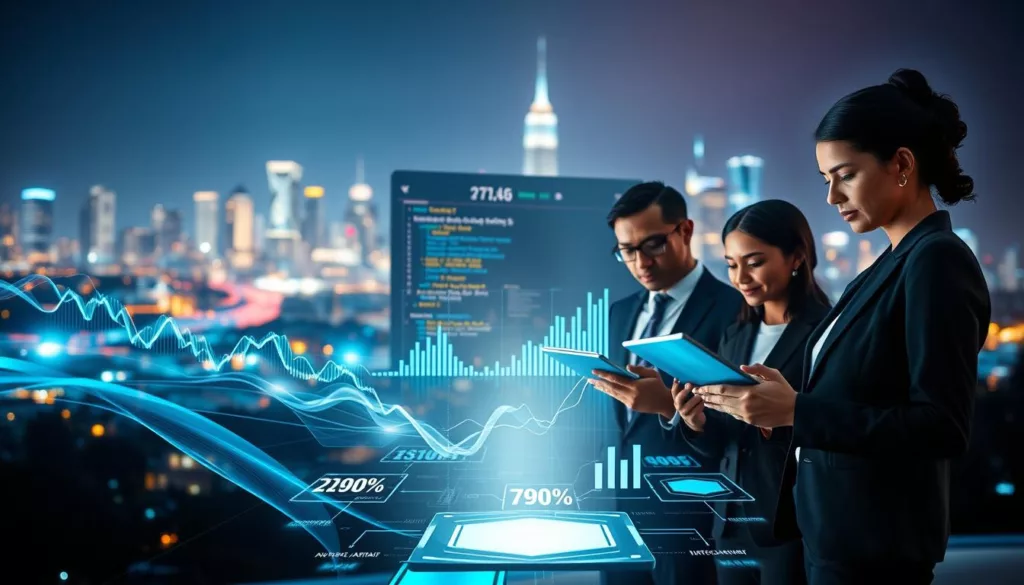 A dynamic and engaging digital landscape representing programmatic advertising fundamentals. In the foreground, a diverse group of three professionals in smart business attire, analyzing data on digital tablets, surrounded by holographic displays of graphs and charts. The middle ground features flowing lines of code and animated statistics emerging from a central digital screen, symbolizing data-driven marketing strategies. The background shows a semi-transparent city skyline illuminated by colorful lights, creating a futuristic atmosphere. Soft, focused lighting enhances the professionalism of the scene, with a slight depth of field that draws attention to the subjects. The overall mood is one of innovation, collaboration, and digital advancement, capturing the essence of programmatic advertising in a modern context.