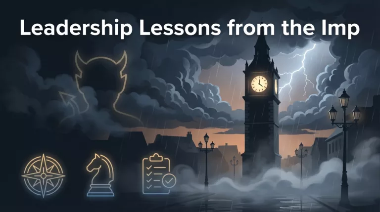 Blood on the Clocktower Imp leadership lessons hero image with clocktower at night and symbolic strategy icons.