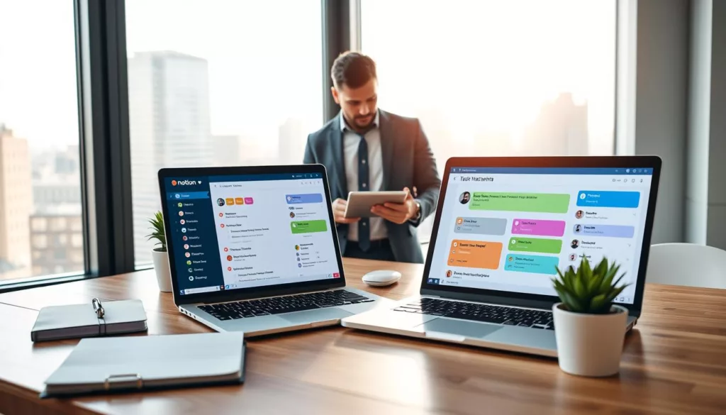 A bright and modern office space showcasing an engaging task management system. In the foreground, a sleek, wooden desk with a laptop open to a colorful Notion task board filled with organized checklists, deadlines, and vibrant color tags. A minimalist planner and a potted plant add to the scene. In the middle, a professional individual, dressed in business casual attire, is focused while reviewing tasks on a digital tablet. The background features a large window revealing a cityscape bathed in natural daylight, creating an inviting atmosphere. Soft shadows enhance depth, and the overall mood is one of productivity and organizational clarity.