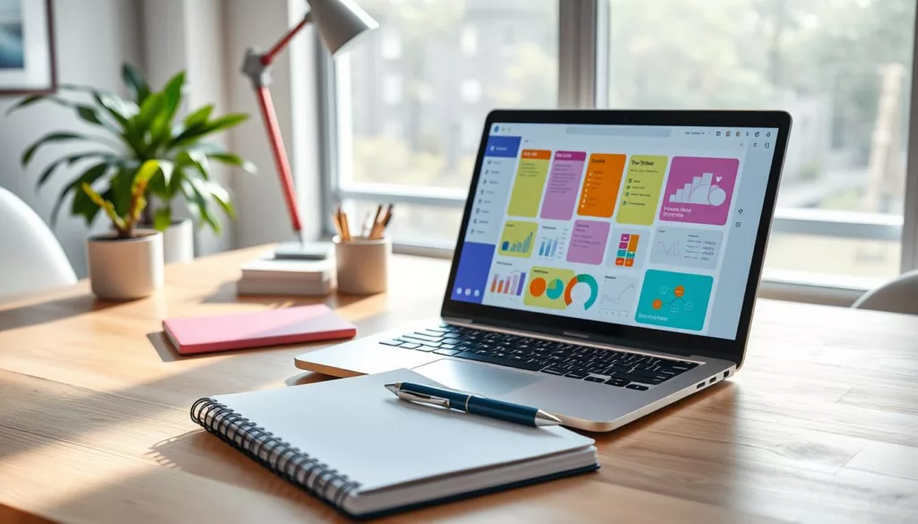 A bright and modern workspace featuring a sleek laptop open to a vibrant note-taking app interface displaying colorful notes, to-do lists, and charts. In the foreground, a notebook and pen contrast the digital element, symbolizing the blend of traditional and modern note-taking methods. The middle ground showcases a stylish desk with minimalistic office supplies, a potted plant, and a coffee cup, creating an inviting and productive atmosphere. The background includes a large window allowing natural light to flood the room, casting soft shadows and creating a serene environment. The overall mood is focus-oriented and inspiring, emphasizing creativity and efficiency in a workspace setting.