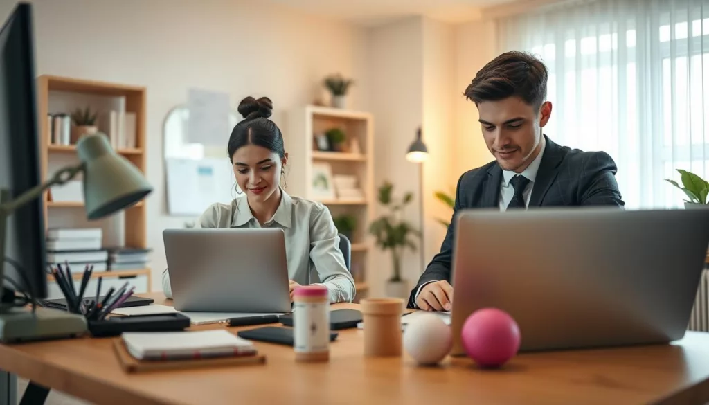 A cozy, modern workspace featuring two individuals engaged in focused productivity. In the foreground, a young woman in professional casual clothing sits at a desk, intently working on her laptop, while beside her, a young man in business attire collaborates, offering support and encouragement. The middle layer shows a clutter-free desk adorned with essential ADHD productivity tools like planners, timers, and stress balls, creating a sense of organization. The background reveals a well-lit room with a large window, letting in natural light that casts a warm glow, enhancing the inviting atmosphere. Soft, neutral colors dominate the scene, promoting calmness and focus. The overall mood is supportive and collaborative, highlighting the concept of body doubling for enhanced productivity. A cozy, modern workspace featuring two individuals engaged in focused productivity. In the foreground, a young woman in professional casual clothing sits at a desk, intently working on her laptop, while beside her, a young man in business attire collaborates, offering support and encouragement. The middle layer shows a clutter-free desk adorned with essential ADHD productivity tools like planners, timers, and stress balls, creating a sense of organization. The background reveals a well-lit room with a large window, letting in natural light that casts a warm glow, enhancing the inviting atmosphere. Soft, neutral colors dominate the scene, promoting calmness and focus. The overall mood is supportive and collaborative, highlighting the concept of body doubling for enhanced productivity.