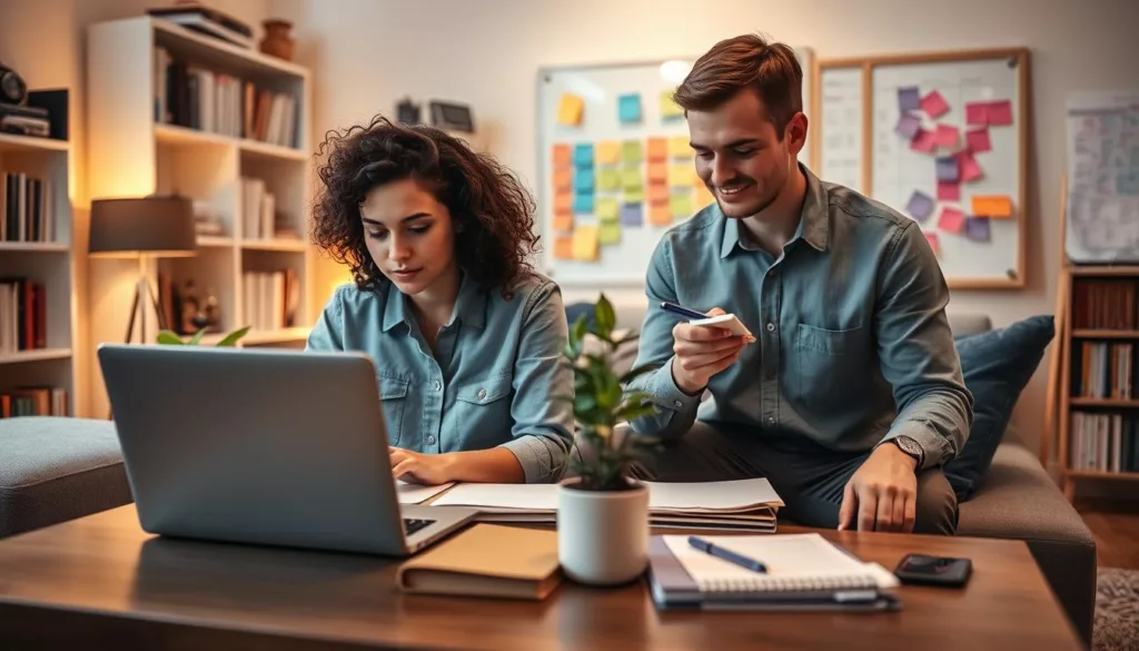 Body Doubling for ADHD A cozy, well-lit workspace featuring two individuals working together to illustrate body doubling for ADHD. In the foreground, one person, a young woman with curly hair, focuses on her laptop with a look of concentration, dressed in professional casual attire. Beside her, a young man with short hair, wearing a simple button-up shirt, takes notes on a notepad while providing encouragement. In the middle, a coffee table filled with notebooks, pens, and a plant adds a creative touch. The background shows a softly lit room with bookshelves, a whiteboard filled with colorful notes, and warm ambient lighting to create a productive and supportive atmosphere. The overall mood is collaborative and focused, emphasizing teamwork and shared goals.