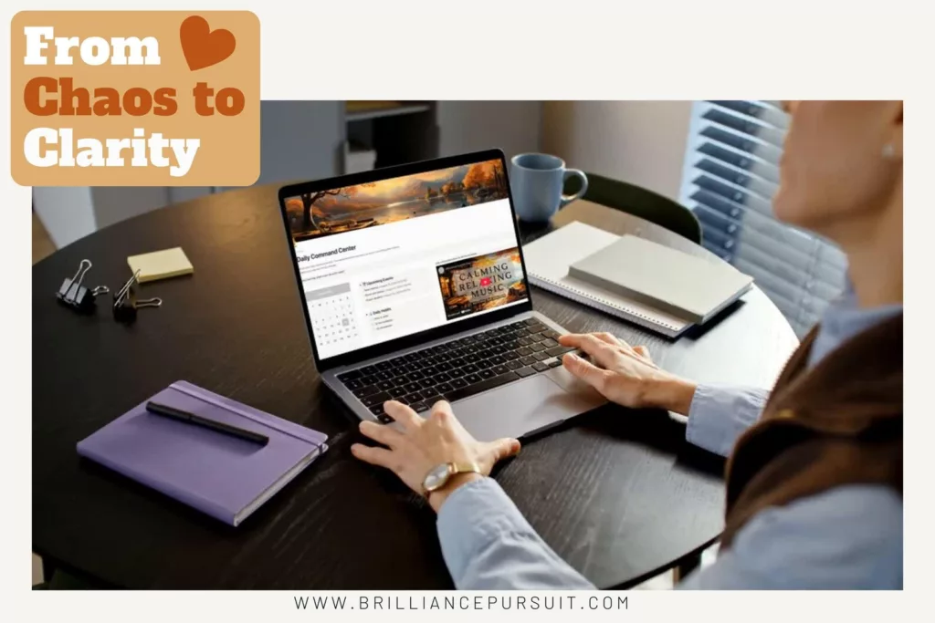 A sleek, modern workspace featuring a laptop open to the Notion productivity app interface on the screen, displaying organized tasks and colorful notes. In the foreground, a professional-looking individual in casual business attire focuses on the laptop, surrounded by stylish stationery and a potted plant. The middle of the image showcases a minimalistic desk with a notepad, pen, and a coffee mug, conveying a sense of productivity and creativity. The background features soft natural light streaming in from a window, highlighting a clean and tidy home office environment. The overall mood is inspiring and motivating, emphasizing modern productivity and efficient workspace design, with a warm color palette of blues and greens.