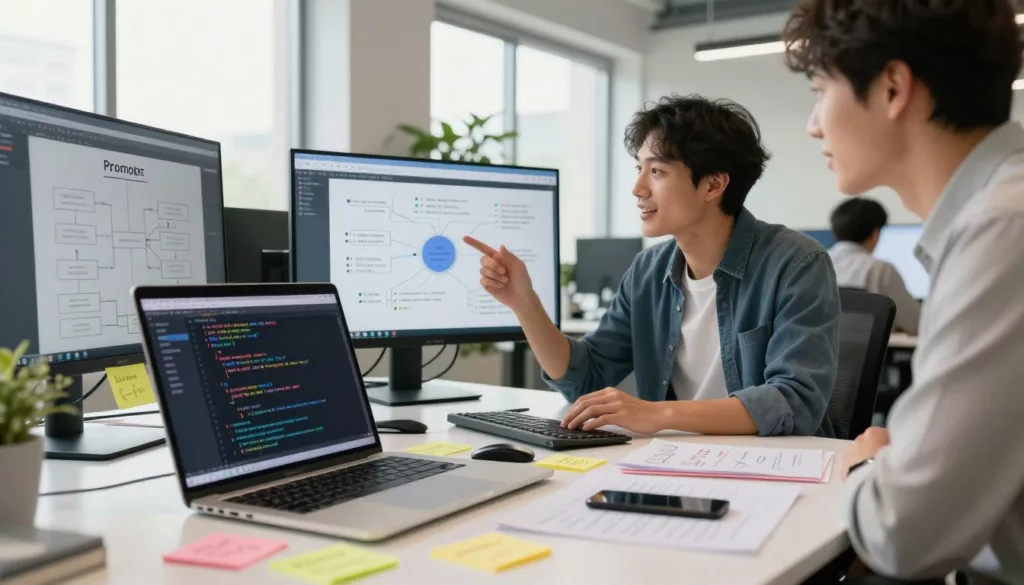 A detailed workspace scene illustrating various prompt engineering techniques. In the foreground, a well-organized desk features a sleek laptop displaying code snippets and visual prompts, surrounded by colorful sticky notes with creative ideas. In the middle ground, an enthusiastic professional, dressed in smart casual attire, is engaged in brainstorming, surrounded by digital screens showing flowcharts and mind maps. The background showcases a bright, modern office with large windows allowing natural light to flood the space, creating a warm, inviting atmosphere. A potted plant adds a touch of nature, enhancing the creative mood. The composition is shot with a slight angle, emphasizing the depth of the workspace and the collaborative environment. The overall feel of the image is inspiring and innovative, perfect for showcasing the mastery of prompt engineering. A detailed workspace scene illustrating various prompt engineering techniques. In the foreground, a well-organized desk features a sleek laptop displaying code snippets and visual prompts, surrounded by colorful sticky notes with creative ideas. In the middle ground, an enthusiastic professional, dressed in smart casual attire, is engaged in brainstorming, surrounded by digital screens showing flowcharts and mind maps. The background showcases a bright, modern office with large windows allowing natural light to flood the space, creating a warm, inviting atmosphere. A potted plant adds a touch of nature, enhancing the creative mood. The composition is shot with a slight angle, emphasizing the depth of the workspace and the collaborative environment. The overall feel of the image is inspiring and innovative, perfect for showcasing the mastery of prompt engineering.