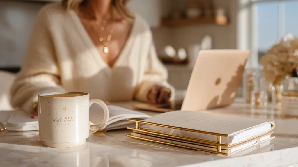 Midjourney AI for Solopreneurs Home Office Scene Solopreneur working in a polished home office using AI tools to build a visual brand