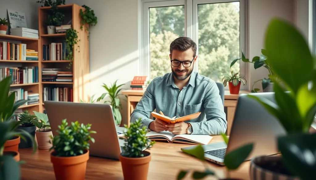 A serene home office space emphasizing focused productivity. In the foreground, a clean wooden desk with a laptop open, surrounded by vibrant potted plants. A professional seated in modest casual clothing, deeply engaged, with a slight smile and a pen in hand, as they take notes in a leather notebook. In the middle ground, shelves filled with organized books and cognitive-enhancing brain teasers, enhancing the atmosphere of intellectual growth. The background features a large window allowing natural light to flood in, casting soft shadows, creating a warm and inspiring mood. The overall color palette is soothing with greens, browns, and hints of bright colors, encouraging a sense of calm focus and clarity. The lens captures a slightly elevated angle, providing depth and perspective.