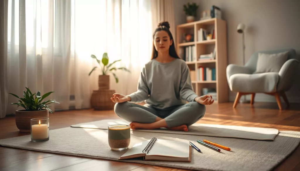 A serene indoor space designed for mindfulness and self-care practices. In the foreground, a soft meditation mat is laid out, with a calm person sitting cross-legged in modest casual clothing, eyes gently closed. Surrounding them are calming elements: a lit candle, a small indoor plant, and a steaming cup of herbal tea. In the middle, delicate sunlight filters through sheer curtains, creating soft shadows on the floor and illuminating a journal and a set of colored pens nearby. In the background, a cozy bookshelf filled with wellness books and a comfortable chair invite relaxation. The atmosphere is tranquil and inviting, evoking a sense of peace and focus. The lighting is warm and soft, suggesting early morning or late afternoon, with a slight depth of field to emphasize the main subjects.